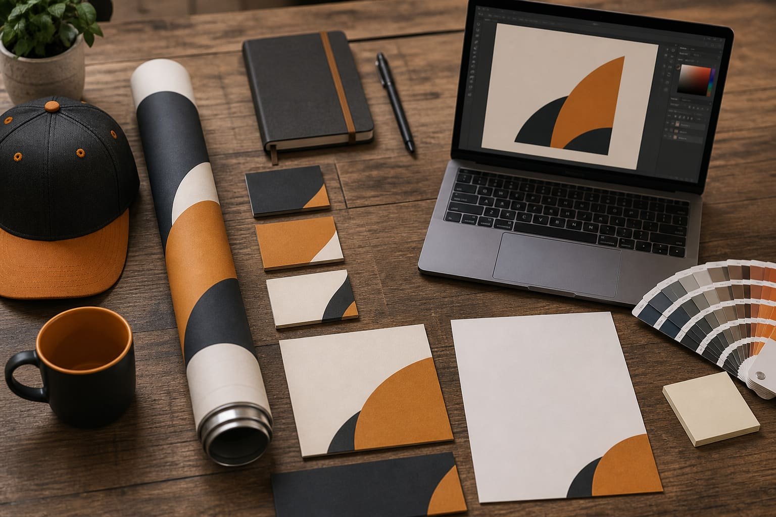 A Hamza Art Creativity designer working on brand mockups at their desk